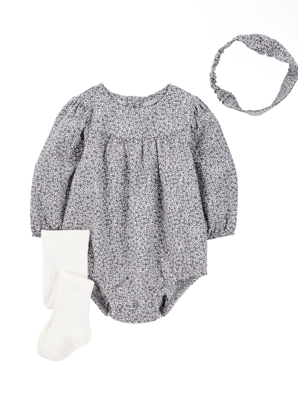 Baby Floral Long-Sleeve Romper with Headband - Gray/White